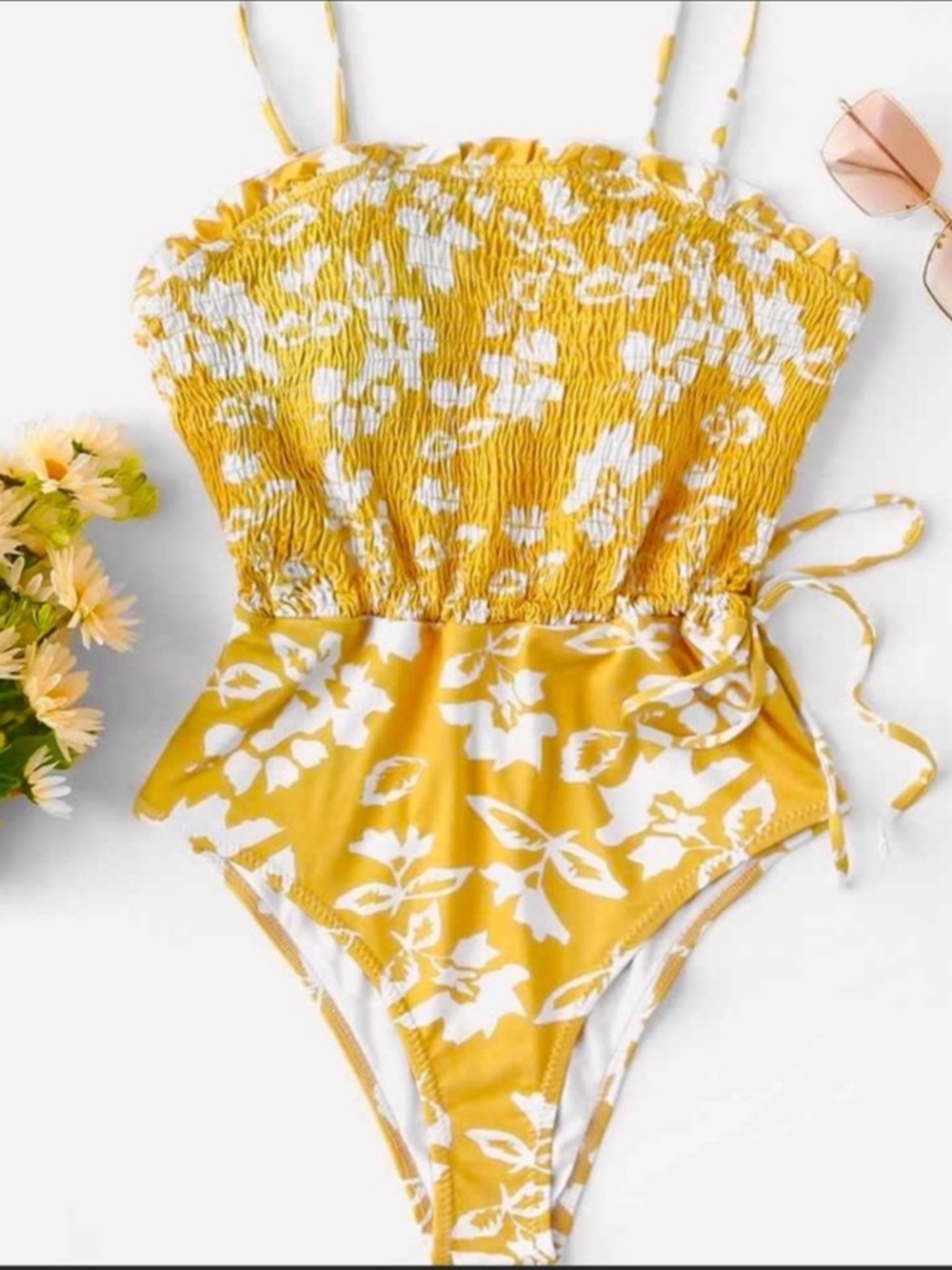 NWT Floralkini Yellow Smocked One-Piece Swimsuit